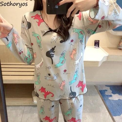 Pajama Sets Women Long Sleeve Autumn 3XL Stretchy Sweet Womens Bows Korean Style Elegant Simple Casual 2pcs Pyjamas Printed New
