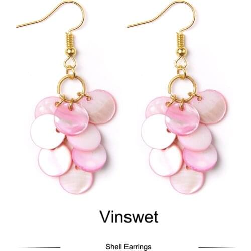 Pink Sea Shell Earrings For Women Jewelry Round Mother of Pearl Shell Drop Earrings Eardrop Shell Pendant Dangles Gift Wholesale