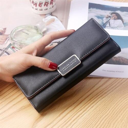 Womens Wallet Long Tri-fold Letter Hasp Female Solid Color Pu Leather Coin Purses Ladies Multiple-card Holder Clutch Money Clip