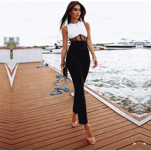 2021 Summer Womens Fashion High Street Sexy Sleeveless Mesh Hollow Bandage Jumpsuit Kylie Jenner Popularity Club Party Jumpsuit