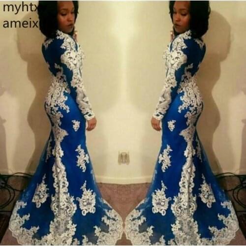 2020 New Prom Dress Mermaid Royal Blue With White Lace Long Formal Wear Evening Party Gown Plus Size Prom Custom Dress Elegant