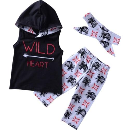 Baby Girls Clothes Suit Black Hoodies Wild Heart Romper+Cartoon Elephant Pants 2pcs Bebe Boys Clothing Sets