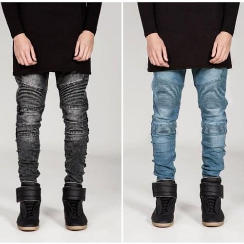 European and American street BIKER JEANS brand personality men motorcycle jeans pleated Slim Pencil pants high elasticity jeans