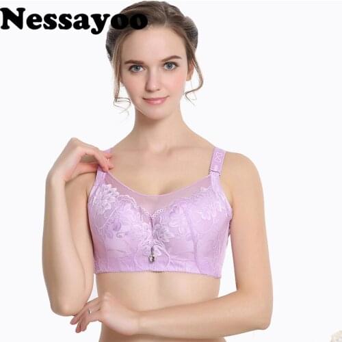 Nessayoo Lace-Trim Printed Adjustable Breathable Gather Thin Bras Lace Full Cup 42E 44E 46E Plus Size Bra brassiere big bra XXX