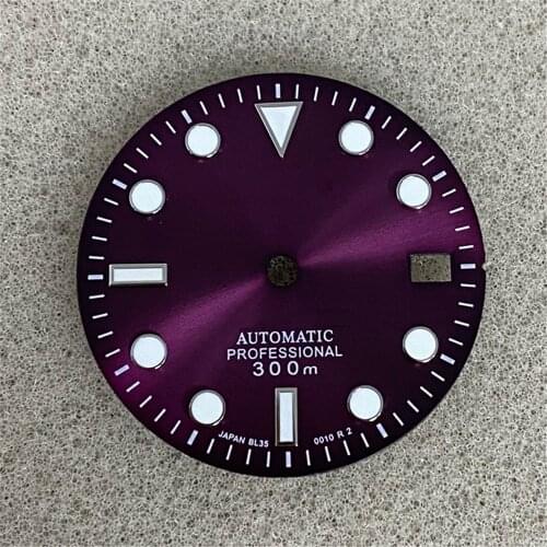 29mm Watch Dial Sun Pattern Single Calendar Purple Dial for NH35A/NH36 Movement with Green Luminous
