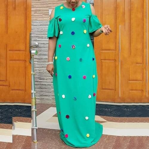 Long Maxi Dress African Dresses For Women Green Solid Floor Length Loose Straight Cold Shoulder Evening Night Party Vestidos New