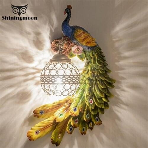 European Luxury Wall Lamp Bohemia Color Peacock LED Lusters Crystal Lampshade Wall Light Bedroom Bedside Resin Wall Sconce Lamp