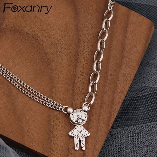 Foxanry 925 Sterling Silver Necklace for Women Summer New Trend Creative Design Chain Alphabet Bear Couples Party Jewelry Gifts