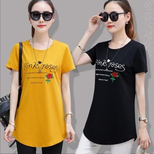 Cotton Plus Size T-shirt Tees Medium Length clothes 2020 New Summer Womens Oversize T-shirt Short Sleeves Pullover Tees L 5XL