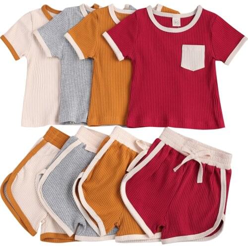 New Kids Baby 2-piece Outfit Set Short Sleeve Pocket Top+Shorts Set for Children Boys Girls