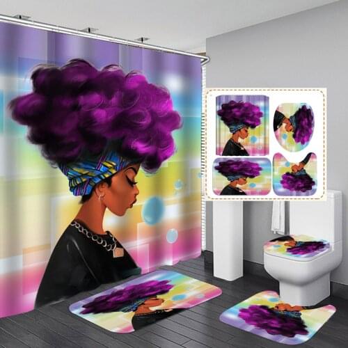 African American Women Shower Curtain Set for Bathroom Bathtub Screen with Carpet Rug Washroom Hotel Toliet Partition Hooks