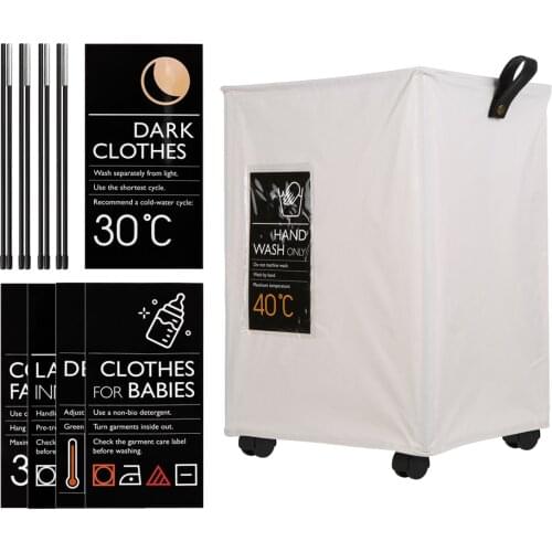 Dirty Clothes Laundy Storage Basket Collapsible Cloth Laundry Basket Bin Mesh with Handles 4 Support Rods 4 Wheels 6 Sort Cards