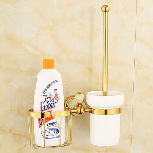 Toilet Brush Holder Wall Mounted Type Copper Brush Rack Ceramic Cup Lavatory Brush Holder With Basket Bathroom Cleaning Tools