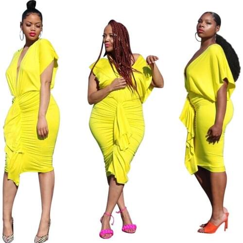 Summer Fashion Womens Dresses Office Lady Style Deep V-neck Batwing Short Sleeve Pleated Loose Dress Candy Color Yellow