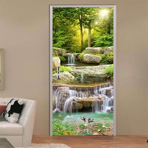 PVC Waterproof 3D Waterfall Bamboo Forest Photo Door Sticker DIY Self-Adhesive Wall Decals Home Decoration Wallpaper