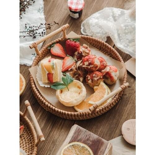 Manual Rattan Basket Physical Storage Tray Home Organization Storage Woven Basket Fruit Basket Bread Cake Storage Baskets