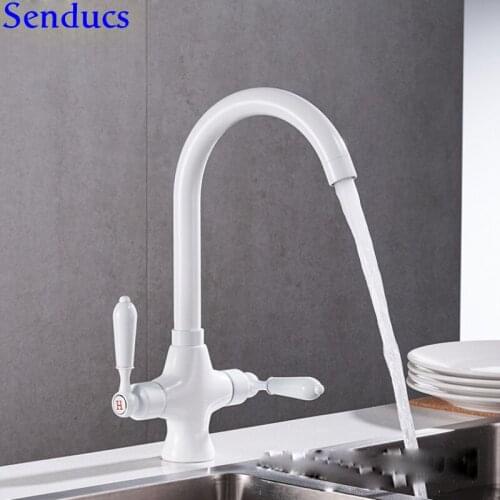 Senducs White Kitchen Sink Faucet with Fashion Quality Brass Kitchen Mixer Tap Luxury Dual Handle White Bathroom Basin Faucet