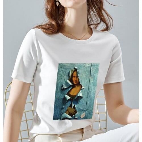 Summer Commuter T-shirt Women Casual Retro Fun Street Art Oil Painting Printing Ladies All-match Breathable O-neck Polyester Top