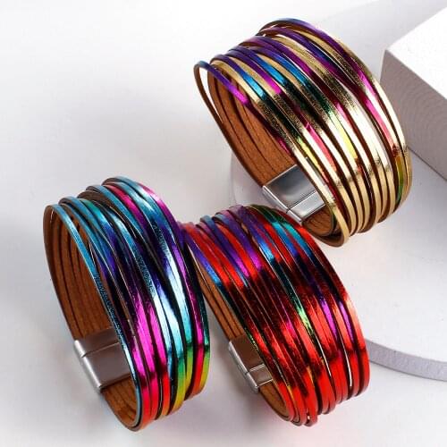 Amorcome Shiny Iridescent Magnetic Buckle Bracelet for Women Fashion Leather Wrap Bracelet Tempting Statement Party Club Jewelry