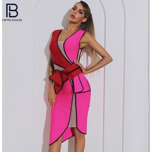 PB Stylish High Waist Color Block Design Dress V Neck Sleeveless Sexy Celebrity Party Club Bandage Vestido Free Shipping