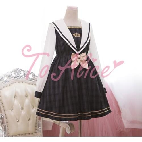 Womens Preppy Style Crown Embroidery Plaid Checks Sailor Collar Lolita Dress Winter Long Sleeve Cute Bow Pin One Piece