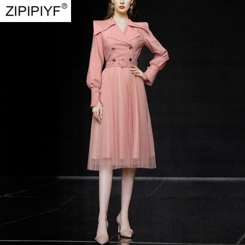 2021 High Quality Runway Fashion Elegant Notched Collar Women Midi Dress Long Sleeve Belted Female Pleated Dress