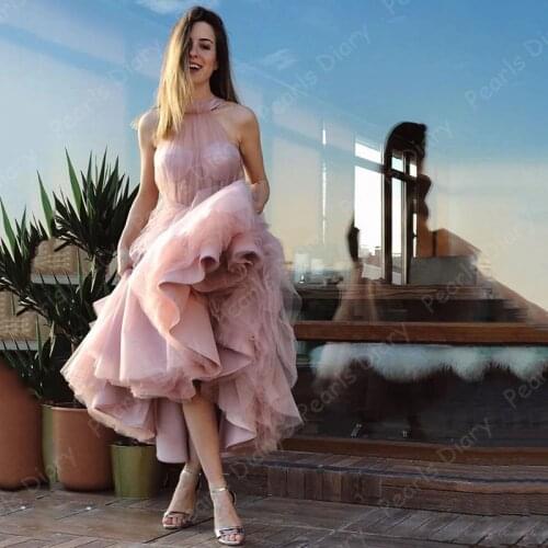 Pink A-Line Prom Dresses 2021 Robes Sleeveless Halter Illusion Tulle Ruffles Tea Length ​Evening Gowns Customized Celebrity Gown