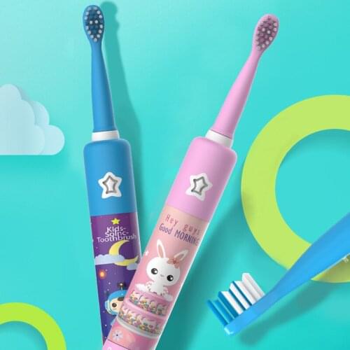 Childrens Electric Sonic Toothbrush Kids 3 to 12 Years Old Cleaning Care Oral Bacteria 6 Replacement Brush Heads USB Charging
