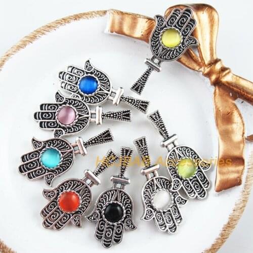 16 New Hand Charms Tibetan Silver Tone Retro Mixed Cat eye Stone Pendants 17.5x33mm