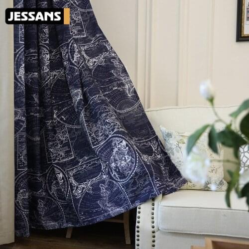 2021 British Map Childrens Study Room American Modern Simple Printing Semi-shading Cotton Linen Curtain Fabric Finished Fabric