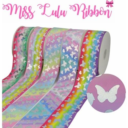 3"75mm Butterfly Silver Hologram Foil Gradient Color Printed Grosgrain Ribbon DIY Spring Party Decor Hair Bands 50yards/roll