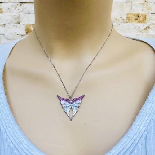 Pink Butterfly 925 Sterling Silver Necklace Women Girls Gift Jewelry Accessories Fashion Handmade Elegant Chain