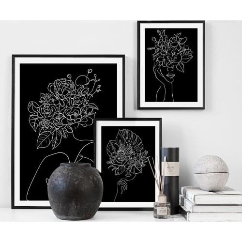 Black and White Wall Art Poster Abstract Girl Lines Flower Canvas Painting Modular Pictures for Interior Home Decor Frameless