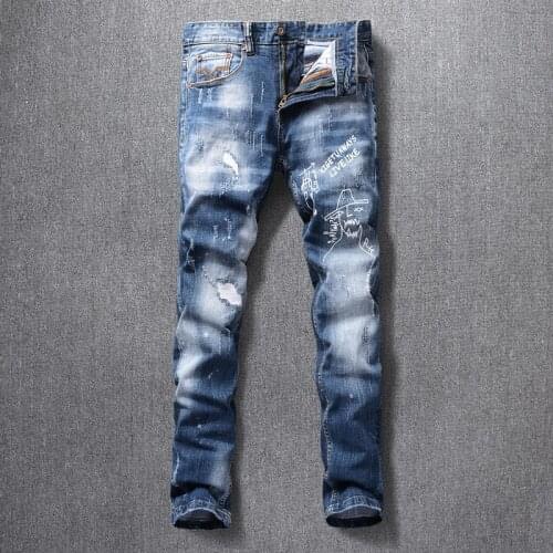 American Street Fashion Men Jeans High Quality Retro Blue Elastic Slim Fit Ripped Jeans Men Printed Designer Hip Hop Denim Pants