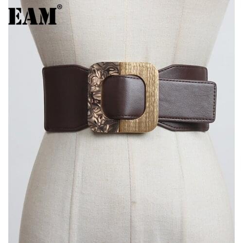 [EAM] Pu Leather Long Wide Metal Buckle Elastic Belt Personality Women New Fashion Tide All-match Spring Autumn 2021 1DD1421