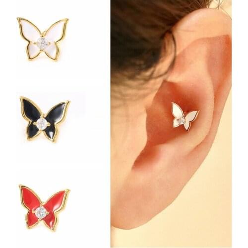 AIDE 1PCS 925 Sterling Silver Eerring Black Enamel Zircon Butterfly Stud Earring For Women Jewelry Pendientes Brincos Joyero CZ