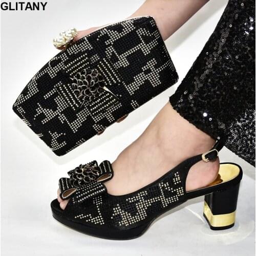 Black Color Shoes and Bag Set Decorated with Rhinestone High Quality Shoes and Bag Set African Sets 2020 African Wedding Shoes