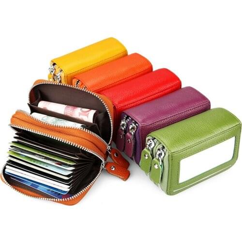 Genuine leather wallet card id card holder double zip wallet for credit cards High-capacity multi-card package RIFD wallet case