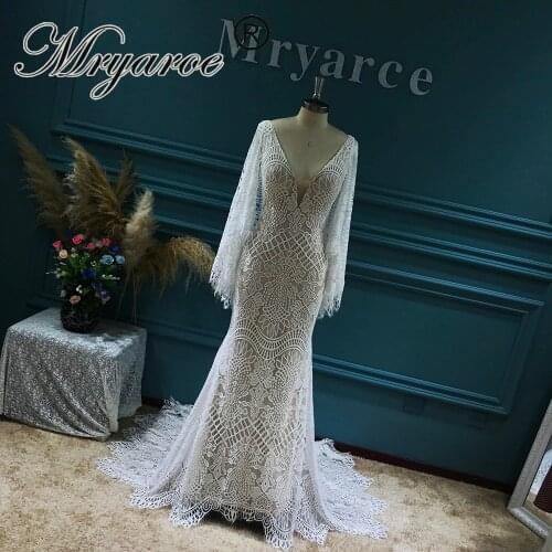 Mryarce Plunging V Neck Boho Chic Lace Wedding Dress Open Back Bohemian Bridal Gowns With Capes