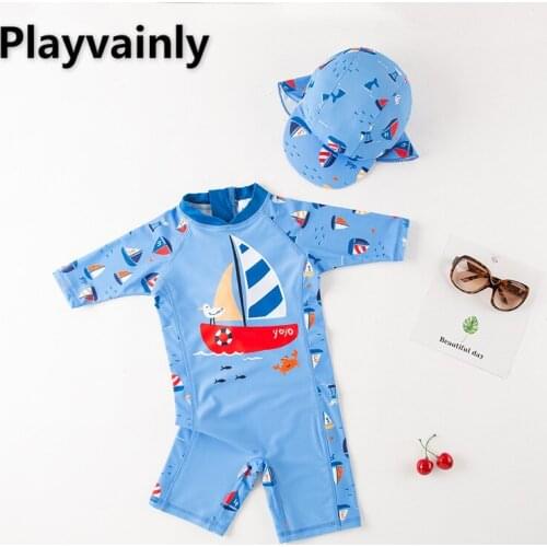 Baby Boys Swimming Wear Blue Sailing Caroon One Piece Swimsuits with Hat Children Fashion Swimwear E71532