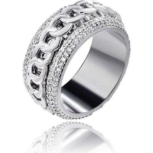 OTIY S925 White Gold Plating Cuban Link Chain Ring CZ Iced Out Spinner Ring For Mens Hip Hop Jewelry Fashion mens rings