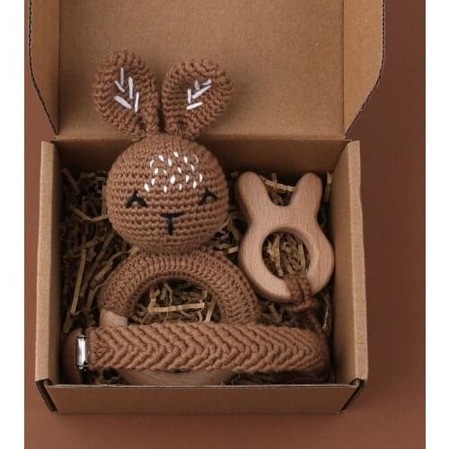 3Pcs/set Baby Teethers Set Infant Crochet Pacifier Chain Clip Cute Rabbit Rattle Wooden Star Teething Ring Todlers Shower Gifts