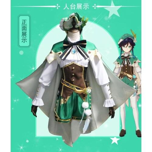 New Game Genshin Impact cosplay Anime Accessories Project VENTI Cosplay Costume Womens Cloak Shirt Pants Belt Socks Set wig