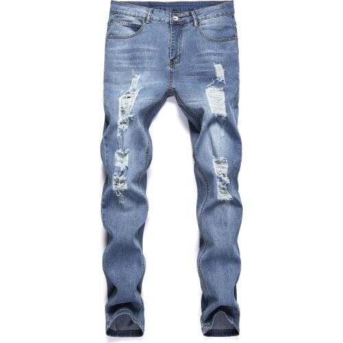 New Jeans Men Ripped Hole Skinny Jeans Light blue Pencil Pants Moto Biker Party Casual Denim Trousers 2021 Mens Cowboy Clothing