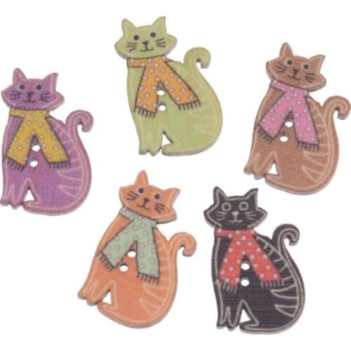 Free Shipping 50Pcs Random Mixed Lovely Cat Style 2 Holes Wood Sewing Buttons Scrapbooking 18x30mm F0543F