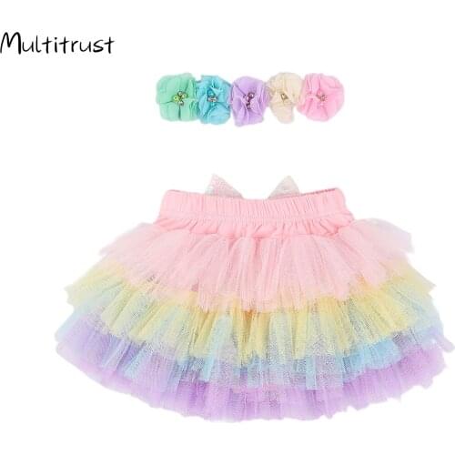 Rainbow Skirt Girls Kids Girls Clothing Fluffy Skirts Baby Princess Children Ball Gown Colorful Mini Pettiskirt+Flower Headband