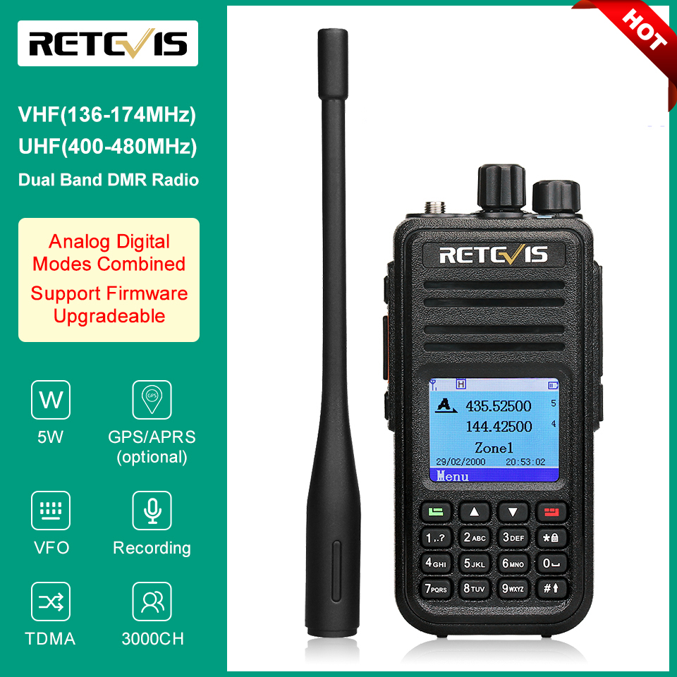 Retevis RT3S DMR Digital Walkie Talkie Ham Radio Stations Amateur VHF UHF Dual Band VFO GPS APRS Dual Time Slot Promiscuous 5W