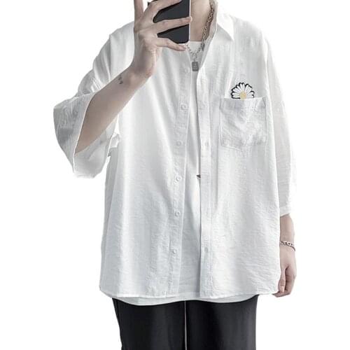 Marguerite Three-quarter Sleeves Shirt Pocket Summer Men Casual Top Workwear T-shirt Long Sleeve Breathable Cotton O Neck Blouse