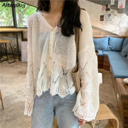 Sweaters Women Loose V-Neck All-match Spring Knitted Wear Korean Style Solid Simple Long Sleeve Feminino Cardigan Stylish Casual