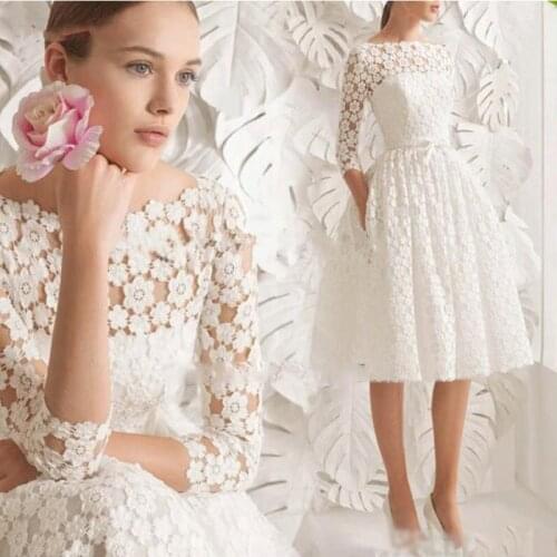 A-Line Short Wedding Dress 2021Elegant Lace Short Wedding Dress Scoop Neck Knee Length Long Sleeve Simple A Line Formal Bride